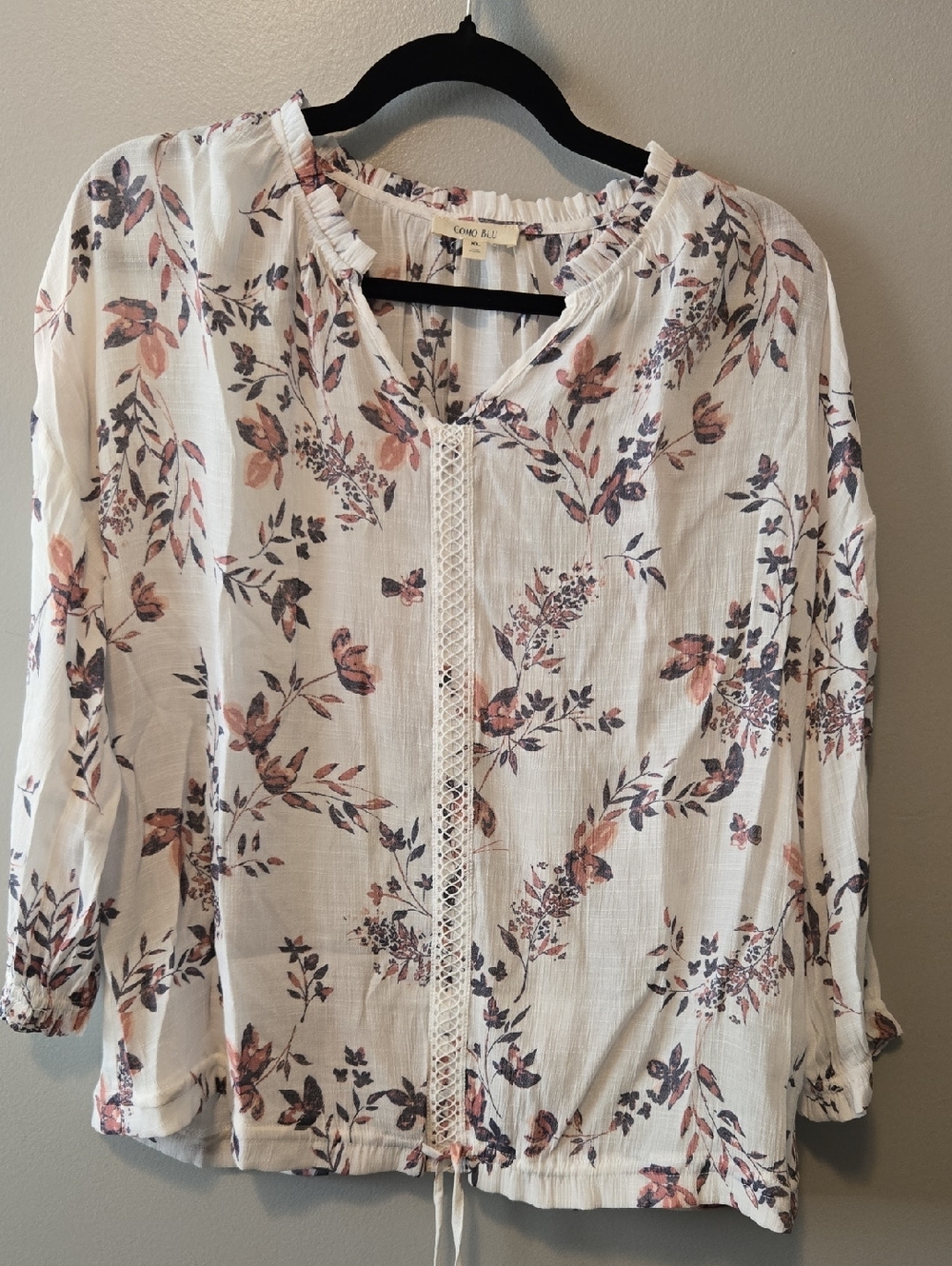 Como Blu White Floral Peasant Blouse 3/4 Sleeve Size XL